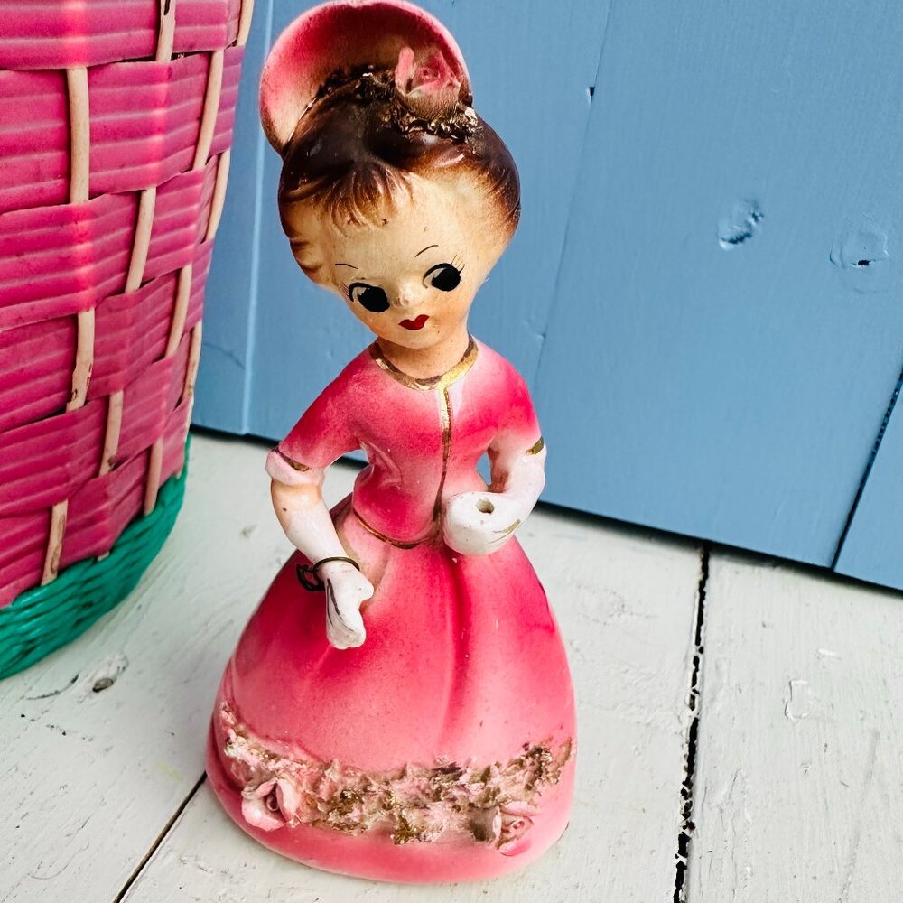 Vintage Japan Lady Figurine Pink Dress Umbrella Girl Dog Chain Mid Century